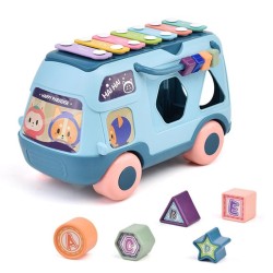 Children Multifunctional Bus Toy with Light Music Early Education Puzzle Toy(Blue)