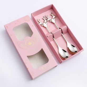 2pcs /Pack Christmas 304 Stainless Steel Deer Stirring Spoon Coffee Dessert Scoop, Color: Silver+Pink Box