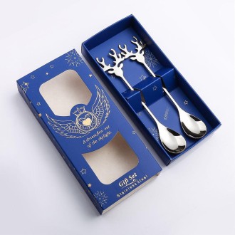 2pcs /Pack Christmas 304 Stainless Steel Deer Stirring Spoon Coffee Dessert Scoop, Color: Silver+Blue Box