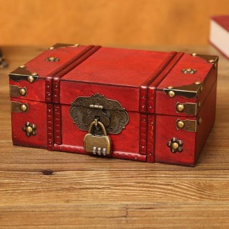 Antique Distressed Cosmetic Storage Box Dressing Table Props For Shooting Scenes，Specification： 6281-01GK10 Red + Password L