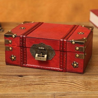 Antique Distressed Cosmetic Storage Box Dressing Table Props For Shooting Scenes，Specification： 6281-01GK02 Red + Lock