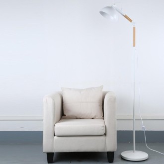 Adjustable Angle Metal Wooden Chassis Floor Lamp (White)