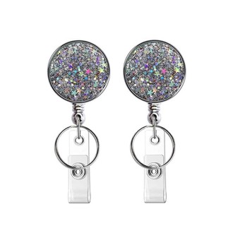 2pcs  Diamond Glitter Sequins Retractable Pull Badge Reel Name Tag Card Badge Holder(Silver)