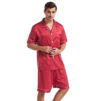 Summer Men Lapel Solid Color Short Pajamas Set, Size:XL(Dark Red)