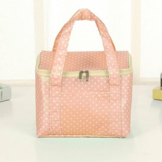 Large Oxford Cloth Insulation Bag Portable Lunch Bag Color Square Outdoor Picnic Bag(Pink Dot)