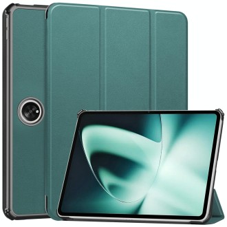 For OnePlus Pad Custer Pure Color 3-Fold Holder Smart Leather Tablet Case(Dark Green)