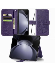 For Samsung Galaxy Z Fold5 Four-leaf Clasp Embossed Buckle Leather Phone Case(Purple)