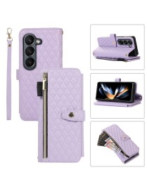 For Samsung Galaxy Z Fold5 Crossbody Diamond Lattice Folding Leather Phone Case(Purple)