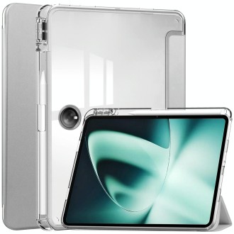 For OnePlus Pad 3-Fold Clear Back Cover Leather Smart Tablet Case(Silver)