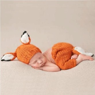 Children Photography Clothing Cartoon Fox Shape Handmade Wool Knit Hat + Pants Set, Size: 0-3月(Orange)