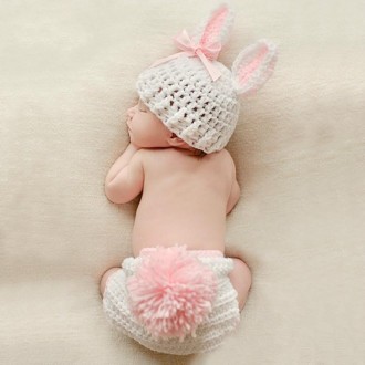 Cartoon Rabbit Shape Bow-knot Hand-knitted Wool Hat + Underwear Children Photography Clothing Set(White)