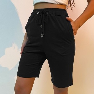 Women Solid Color Short Pants (Color:Black Size:XL)