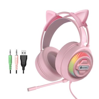 PANTSAN PSH-400 USB Computer Head-Mounted Luminous RGB Wired Headset, Specification:3.5mm Pink+Cat Ear