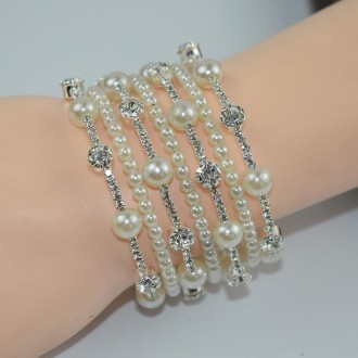 7 Row Silver Simple Rhinestone Pearl Wrapped Arm Bracelet Versatile Bracelet
