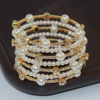 7 Row Gold Simple Rhinestone Pearl Wrapped Arm Bracelet Versatile Bracelet