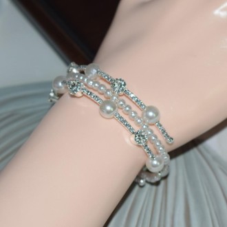 3 Row Silver Simple Rhinestone Pearl Wrapped Arm Bracelet Versatile Bracelet
