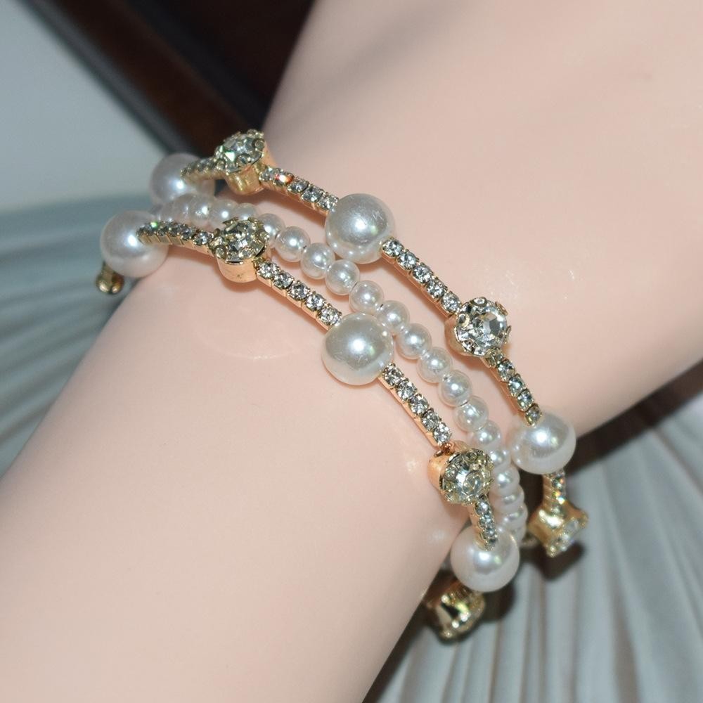 3 Row Gold Simple Rhinestone Pearl Wrapped Arm Bracelet Versatile Bracelet