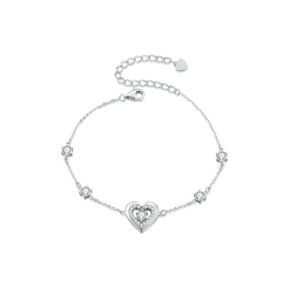 BSB136 S925 Sterling Silver Sparkling Double Heart Bracelet Jewelry