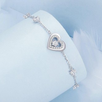 BSB136 S925 Sterling Silver Sparkling Double Heart Bracelet Jewelry