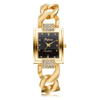 Square Dial Diamond Plated Hollow Alloy Bracelet Strap Quartz Watch for Women(Gold belt black surface)