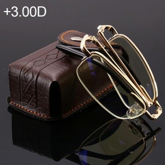 Folding Anti Blue-ray Presbyopic Reading Glasses with Case & Cleaning Cloth, +3.00D(Gold)