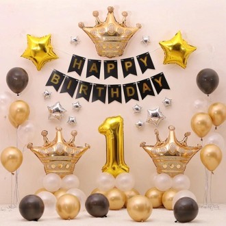 Black Gold Birthday Party Balloon Pull Flag Set(One Year Old Crown Package 1)