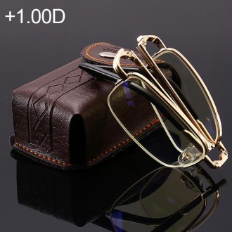 Folding Anti Blue-ray Presbyopic Reading Glasses with Case & Cleaning Cloth, +1.00D(Gold)