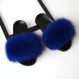 Fox Fur Slippers Flip-flops Non-slip Flat Fur Shoes Sandals for Women, Shoe Size:42-43(26cm)(Blue)