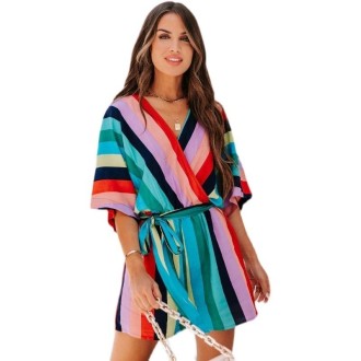 Women Holiday Style Beach Stripe Jumpsuit (Color:As Show Size:L)