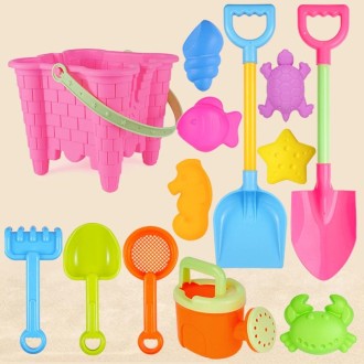 13pcs/Set Children Beach Toys Set Large Sand Shovel Bucket Sand Digging Tools Hourglass, Color: Pink Square Castle