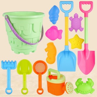 13pcs/Set Children Beach Toys Set Large Sand Shovel Bucket Sand Digging Tools Hourglass, Color: Green Round Castle