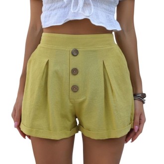 Cotton Linen Shorts Solid Color Casual Wide-leg Pants (Color:Yellow Size:L)