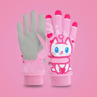 Cartoon Cat Pattern Girls Cute Cotton Gloves Children Ski Windproof and Warm Gloves Non-Slip and Waterproof Riding Gloves, Size: