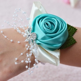 Handmade Wedding Bride Wrist Flower Boutonniere Bouquet Corsage Diamond Satin Rose Flowers(Green)