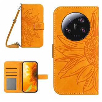 For Xiaomi 13 Ultra HT04 Skin Feel Sun Flower Embossed Flip Leather Phone Case with Lanyard(Yellow)