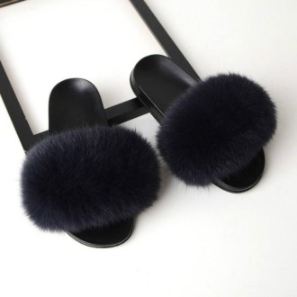 Fox Fur Slippers Flip-flops Non-slip Flat Fur Shoes Sandals for Women, Shoe Size:40-41(25cm)(Dark Grey)