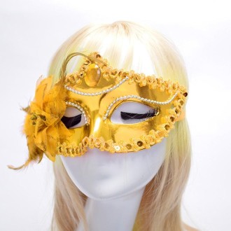 Halloween Masquerade Party Dance Plating Side Flower Feather Venice Princess Mask (Gold)