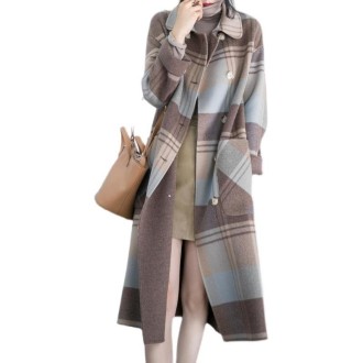 Winter Double-breasted Large Pockets Loose Mid-length Plaid Woolen Coat for Ladies (Color:As The Picture Shows Size:L)