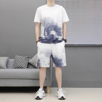 Men Loose Short Sleeve Shorts Casual Suit (Color:Light Grey Size:XXL)