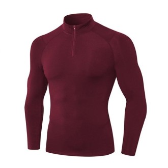 Autumn And Winter Plus Velvet Half Zipper Long-sleeved Slim Fit Sportswear For Men (Color:Wine Red Size:L)