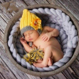 Square Cotton Children Photography Hand-knitted Wool Cap with Flower(Yellow)