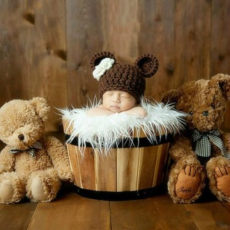 Cartoon Mouse Shape Cotton Children Photography Hand-knitted Wool Cap with Flower(Brown)