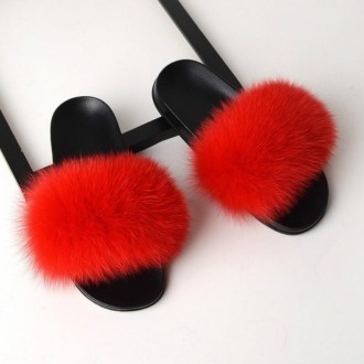 Fox Fur Slippers Flip-flops Non-slip Flat Fur Shoes Sandals for Women, Shoe Size:44-45(27cm)(Red)