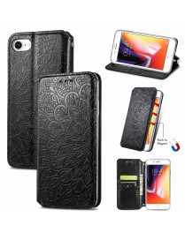 For iPhone SE 2022 / SE 2020 / 8 / 7 Blooming Mandala Embossed Pattern Magnetic Horizontal Flip Leather Case with Holder & Card 