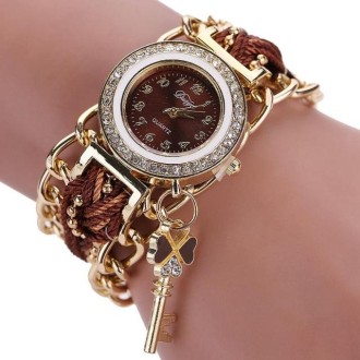 Women Round Dial Diamond Braided Hand Strap Quartz Watch with Key Pendant(Brown)