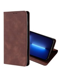 For iPhone 13 Pro Skin Feel Magnetic Horizontal Flip Leather Case with Holder & Card Slots (Dark Brown)