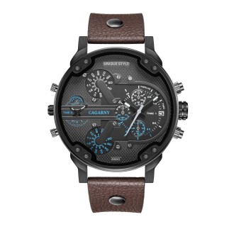CAGARNY 6820 Men Dual Movement Blue Face Leather Strap Quartz Watch(Brown)