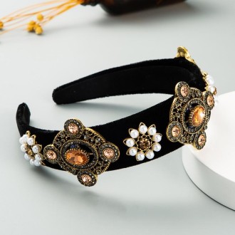 Black Gold Velvet Rhinestone Headband Retro Wide-brimmed Pearl Headband(Brown)