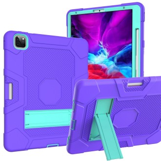 For iPad Pro 12.9 inch (2020) Contrast Color Robot Shockproof Silicone + PC Protective Tablet Case with Holder(Purple Mint Green