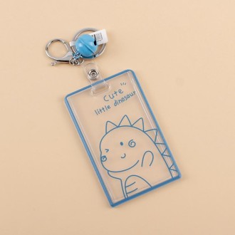 2 PCS Transparent Acrylic Push Pull Card Sleeve Bell Keychain Ring ID Card Sleeve(Dinosaur)